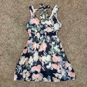 EE:Some Floral Print Halter Neck Smocked Waist Mini Dress Women Size M